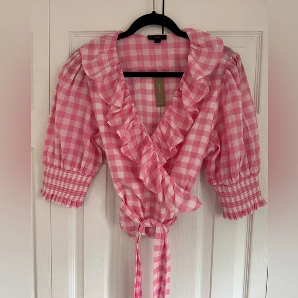 NWT J.Crew Pink Gingham Ruffle Wrap Short Sleeve Top Blouse Size L - Picture 3 of 11